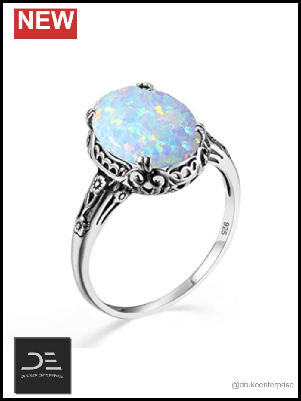 6CT White Opal Ring Sterling Silver Women Antique Floral Filigree Engagement